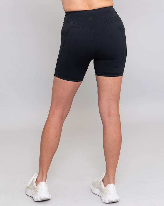 Person wearing black athletic shorts on a gray background